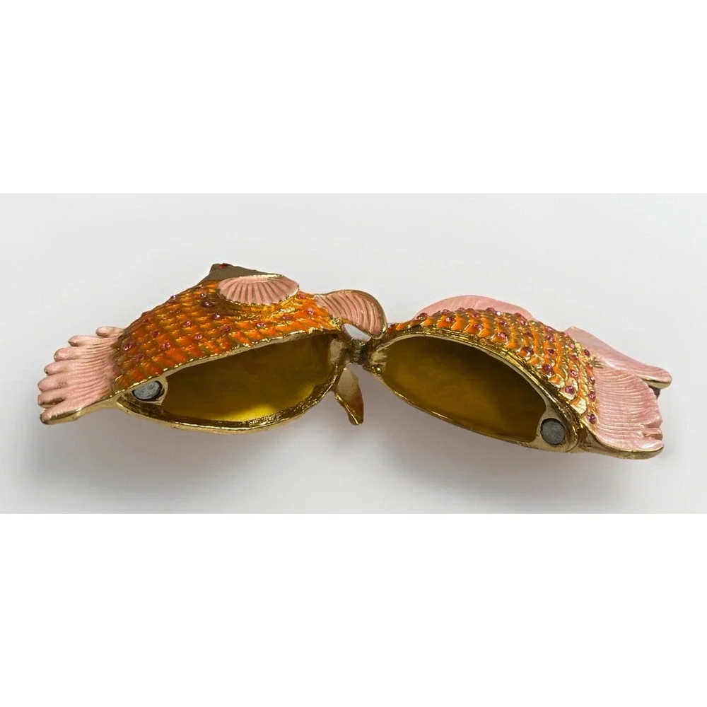 Pesci Austrian Crystal Jeweled Enameled Angel Fish Trinket Box Pink Gold‎ Orange